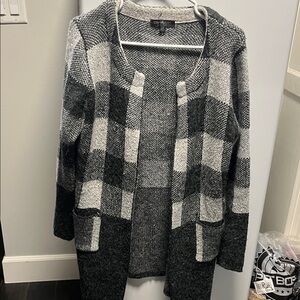 Black and Gray Plaid Open Front Cardigan